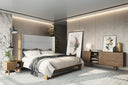heloise - contemporary grey fabric & walnut trim bed