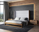 heloise - contemporary grey fabric & walnut trim bed