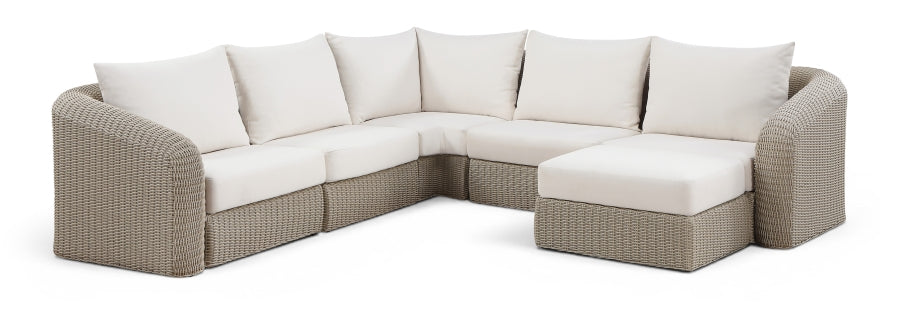 Seacrest 123.25" Olefin Water Resistant Fabric And Wicker 6pc. Outdoor Patio Modular Sectional - Cream