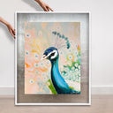 Peacock Closeup Teal and Peach | Hand Embellished Silver Leaf