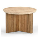 Pawnee - Modern Travertine Marble + Wood Round Coffee Table
