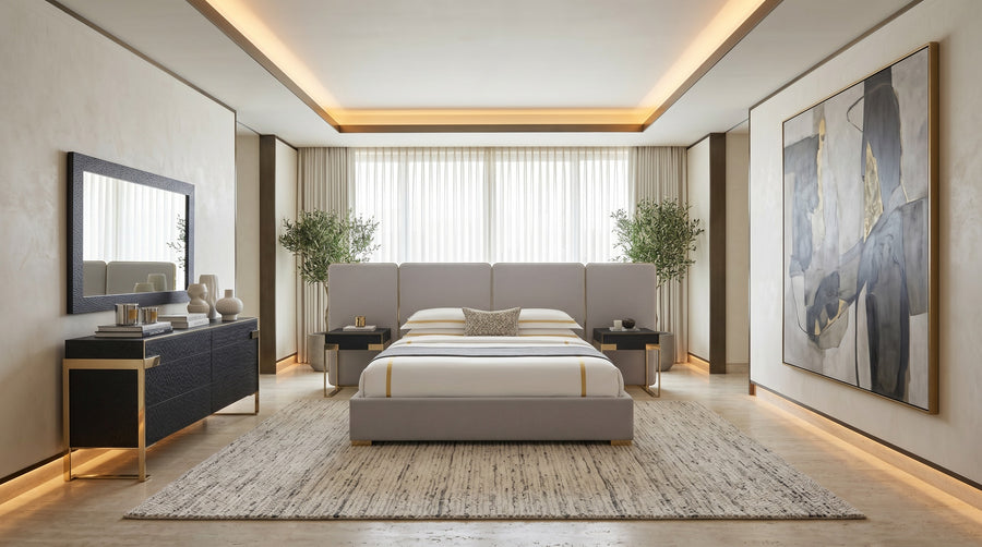 Athena & Rothsay - Modern Grey Fabric + Wenge + Gold Bedroom Set