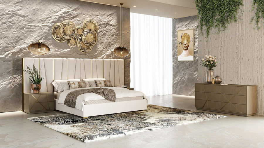 Nixa - Modern Beige Velvet + Brushed Bronze + Birch 4-Piece Bedroom Set