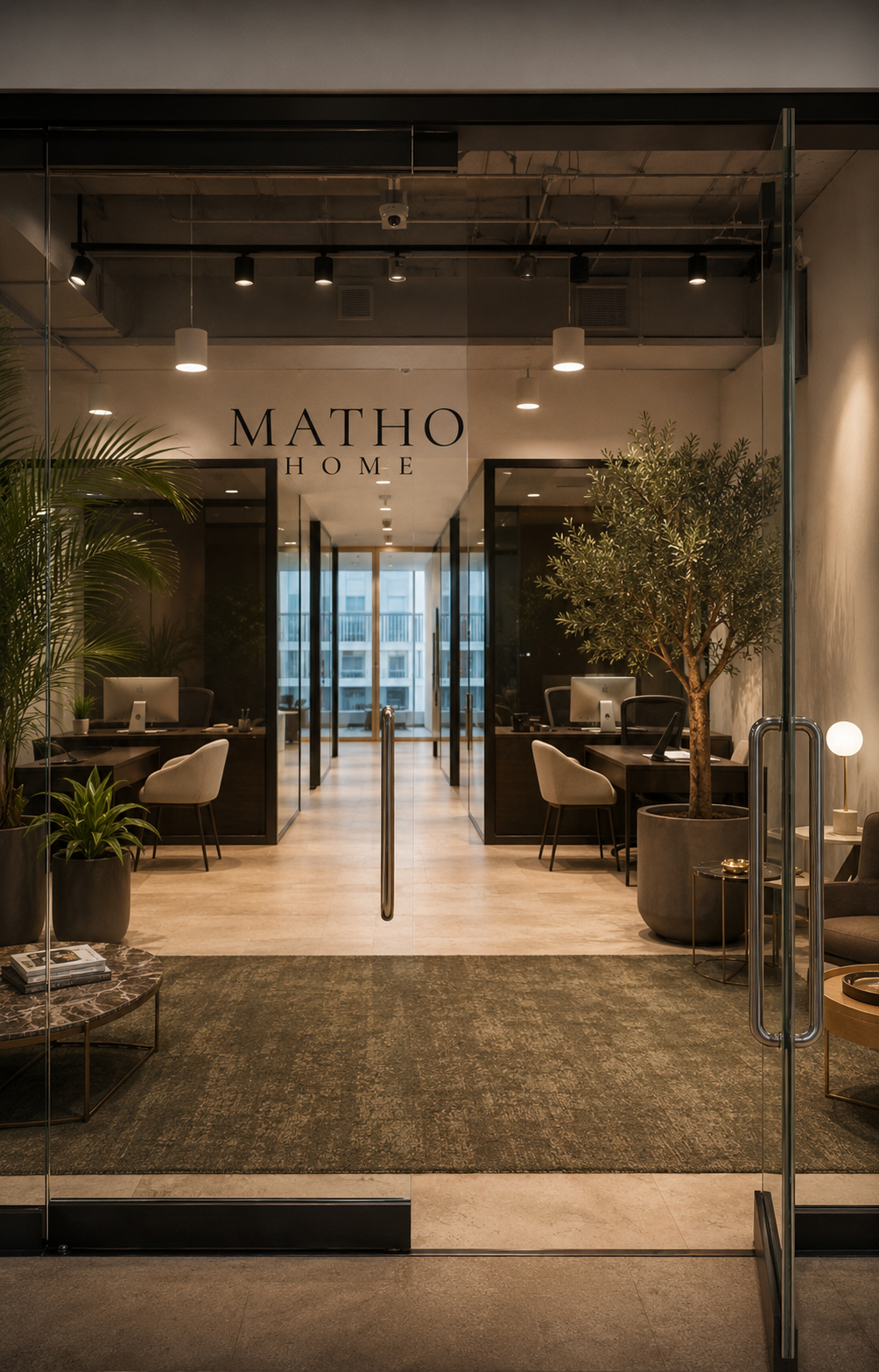Matho Home showroom and interior design office with glass doors, desks, plants, and neutral furnishings.