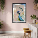 Peacock Closeup Teal and Peach | Hand Embellished Silver Leaf