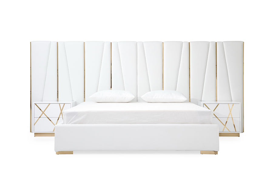 Nixa Modern White Bonded Leather & Gold Bed