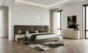 Breslow + Lago - Modern Dark Taupe Fabric + Faux Travertine 4-Piece Bedroom Set