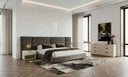 Breslow + Lago - Modern Dark Taupe Fabric + Faux Travertine 4-Piece Bedroom Set
