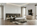 Breslow + Lago - Modern Dark Taupe Fabric + Faux Travertine 4-Piece Bedroom Set