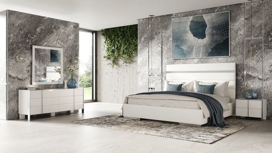 Cartier - Modern White Vegan Leather + Stainless Steel Bedroom Set