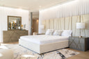 Nixa - Modern Beige Velvet + Brushed Bronze Bed