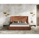 Roma + Lago - Modern Burnt Orange Velvet + Faux Travertine Bed + Nightstands Set