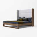 heloise - contemporary grey fabric & walnut trim bed