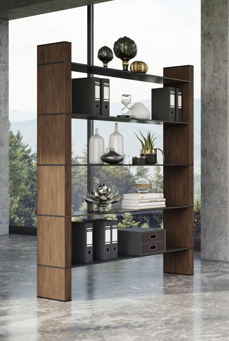 Glencoe - Modern Walnut & Black Glass Bookshelf