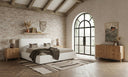 Liam + Mikala - Modern Ivory Fabric + Natural Oak 4-Piece Bedroom Set