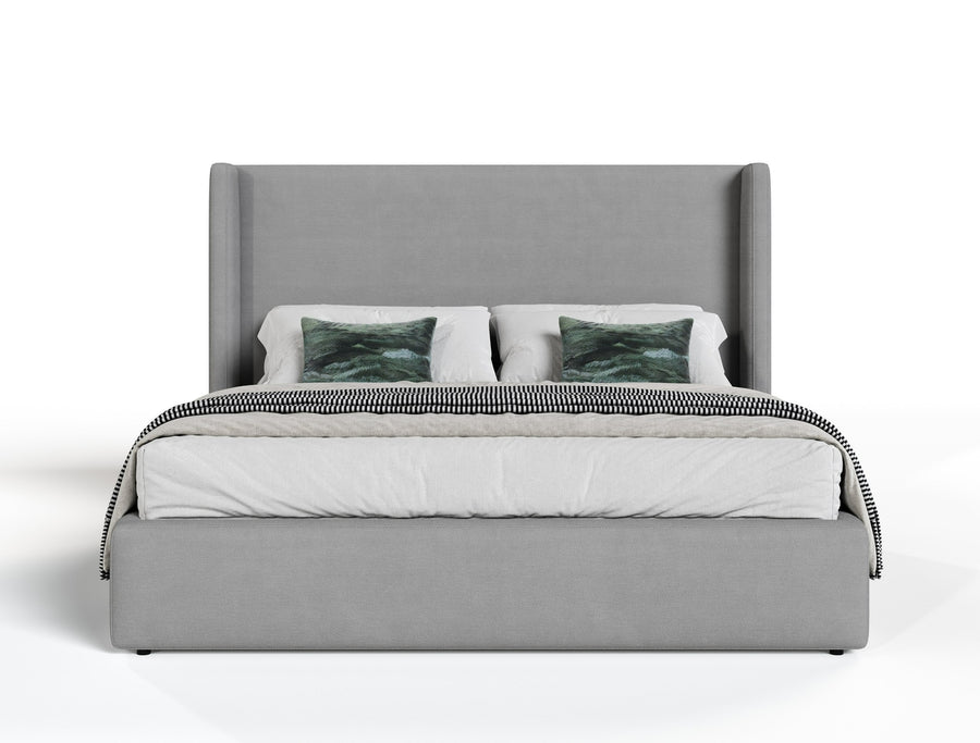 Byrne + Asus - Modern Grey Fabric + Elm Grey Bed & 2 Nightstands