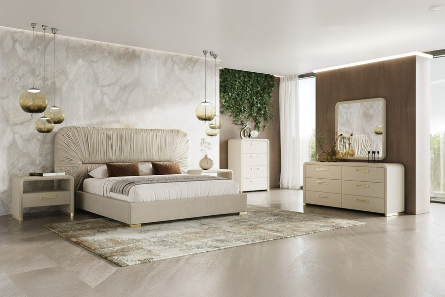 Florence - Modern Beige Velvet + Leatherette Bedroom Set