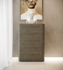 Lois - Modern Grey Leather & Beige Shagreen High Headboard Bed