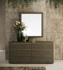 Lois - Modern Grey Leather & Beige Shagreen High Headboard Bed