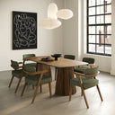 Sacks - Mid-Century Modern Green Fabric + Herringbone Walnut Dining Set