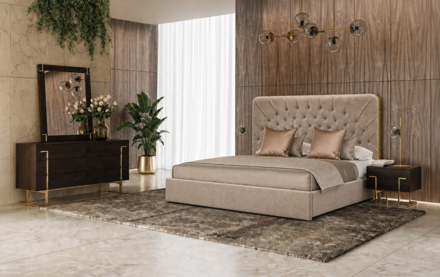 Moontide - Glam Beige Velvet and Brushed Brass Bedroom Set