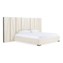 nixa - modern beige velvet + brushed bronze bed + birch nightstands