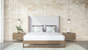 heloise - contemporary grey fabric & walnut trim bed