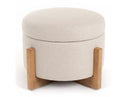 Sada - Mid-Century Modern Beige Linen + Chestnut Round Ottoman