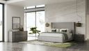 Byrne + Asus - Modern Grey Fabric + Elm Grey Bed & 2 Nightstands